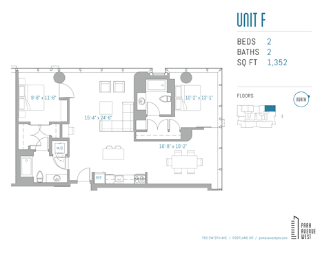 Floor plan for 2 beds, 2 baths, 1352 sqft
